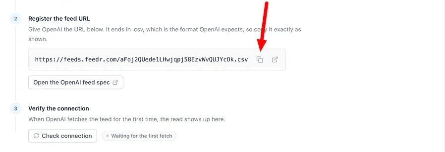 The feed link to copy in Feedr's OpenAI connection guide, with a Check connection button