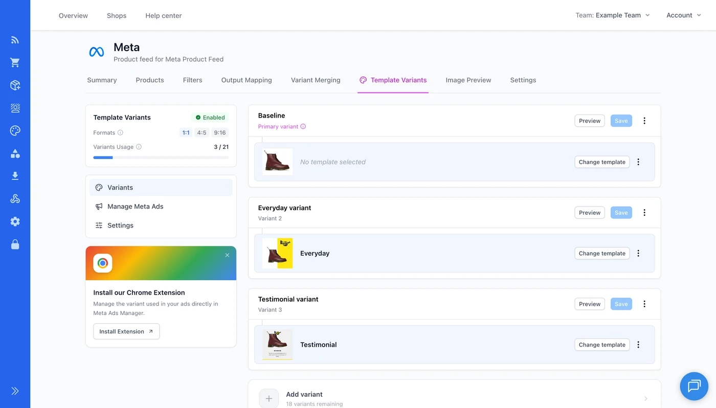 The Template Variants tab in Feedr with three variants: Baseline with no template, Everyday variant and Testimonial variant