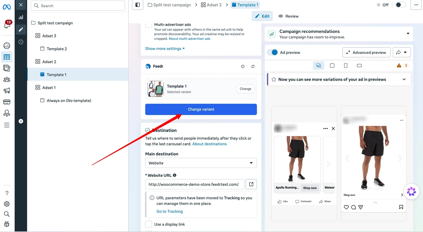 The Feedr section in Meta Ads Manager on an ad called Template 1, with a Change variant button