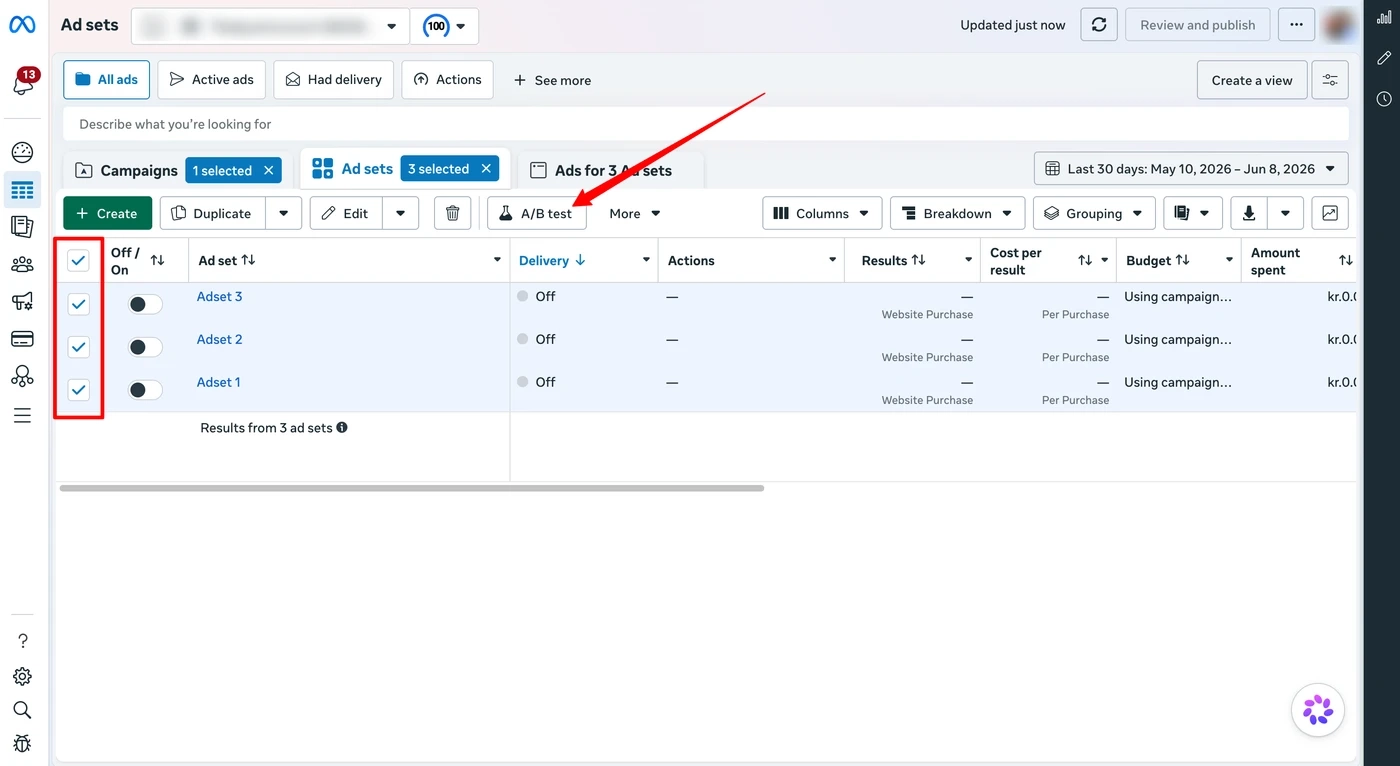 The ad sets view in Meta Ads Manager with three ad sets selected and the A/B test button