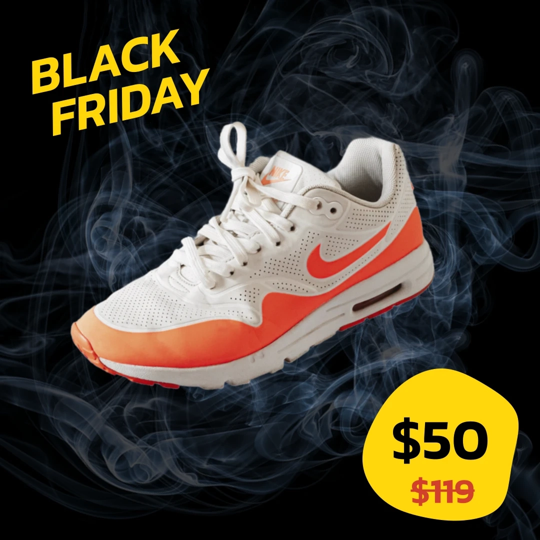 A Black Friday catalog ad for a sneaker on a dark background, with the sale price of 50 dollars and the old price of 119 dollars crossed out