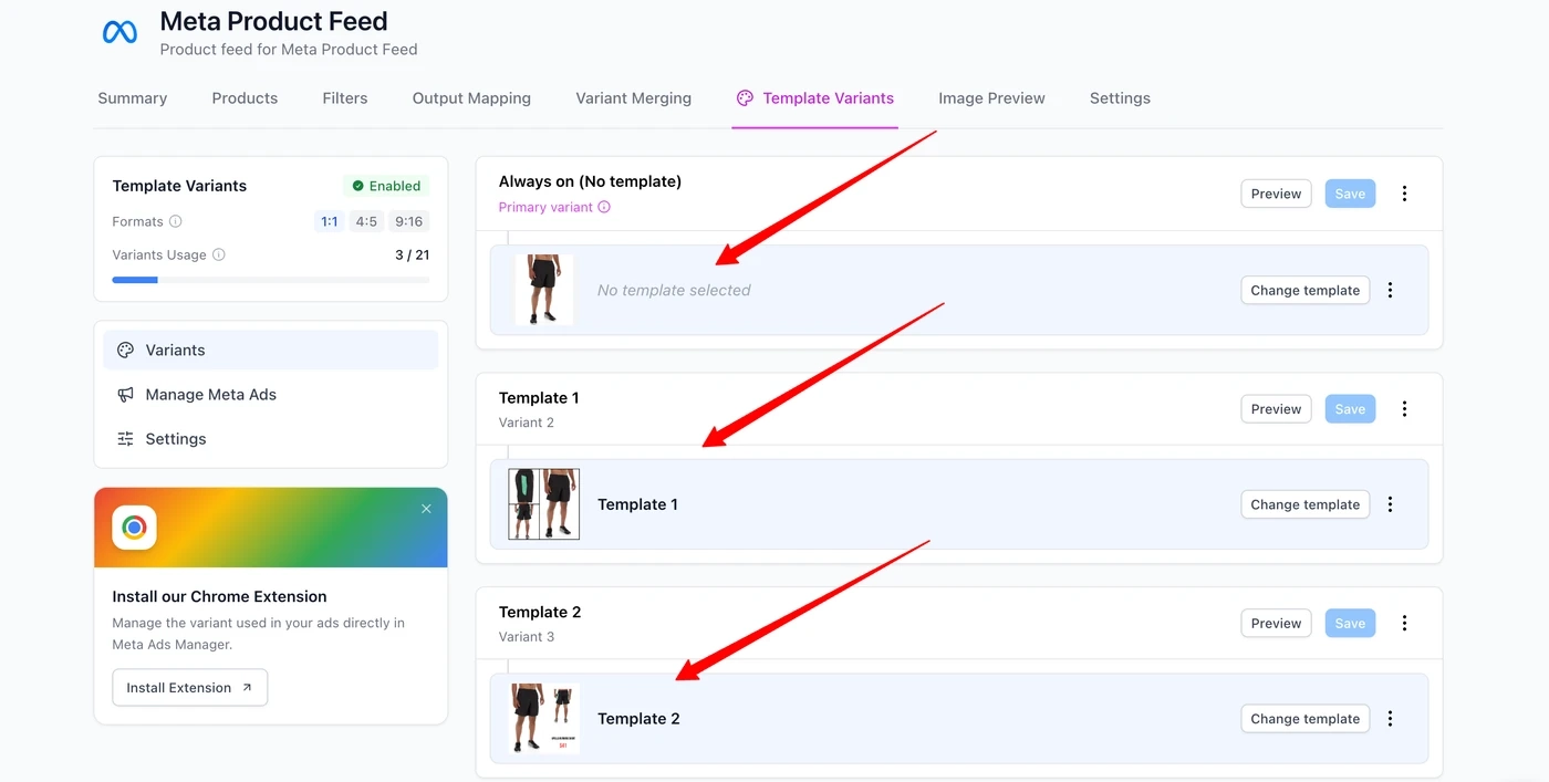 The Template Variants tab in Feedr with three variants: no template, Template 1 and Template 2