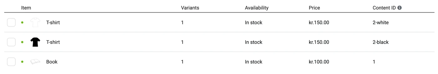 Overview of items in Facebook Business Manager not using the item-group-id field — Wrong configuration where each variation is listed on it’s own