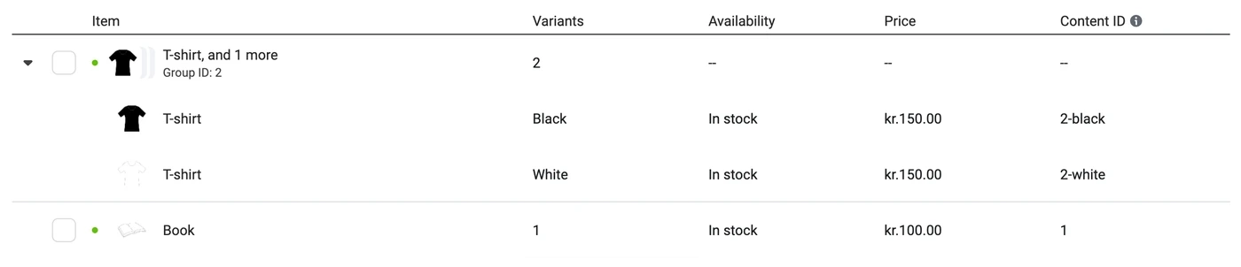 Overview of items in Facebook Business Manager using the item-group-id field to group variations — Right configuration and how things should look.
