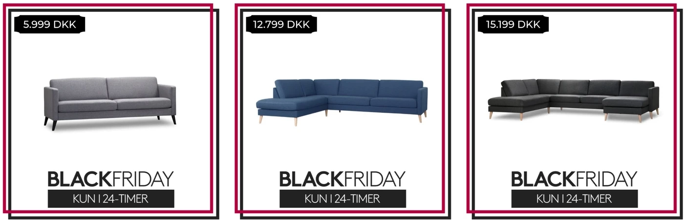 Black Friday catalog ads for sofas with a red and black frame and the price in the corner