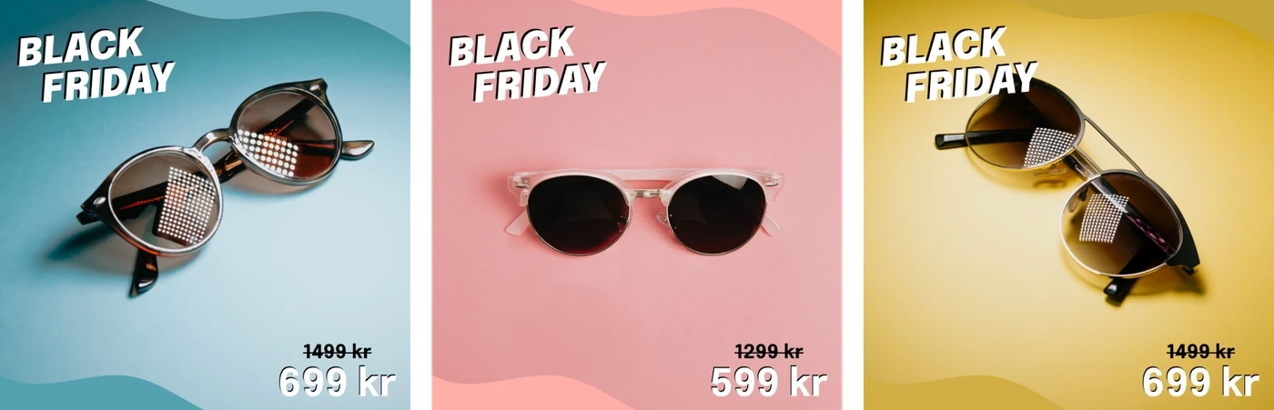 Black Friday catalog ads for sunglasses with the old price crossed out above the sale price