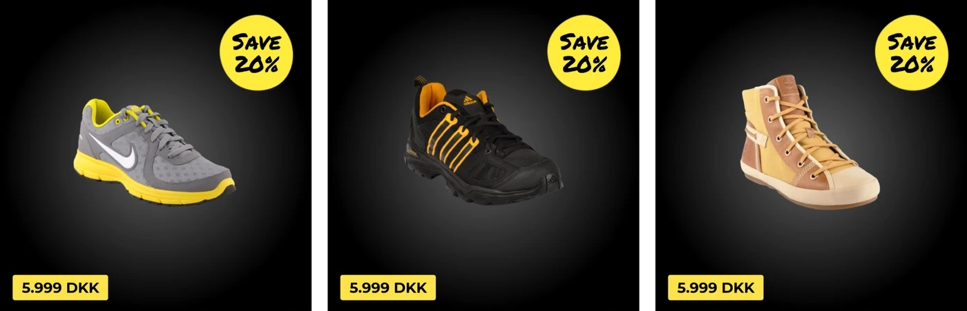 Catalog ads for sneakers on a black background with a yellow Save 20% badge